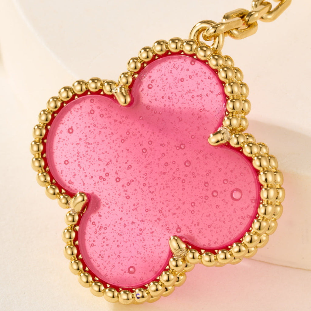 Pink Bubble Enamel Four-Leaf Clover Drop Earrings–Double Flower Design