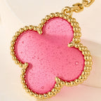 Pink Bubble Enamel Four-Leaf Clover Drop Earrings–Double Flower Design