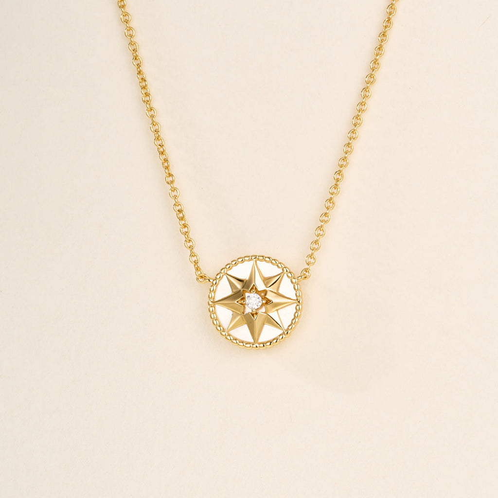 Eight-Pointed Star Compass Necklace with Center Gemstone – Multi-Color Options
