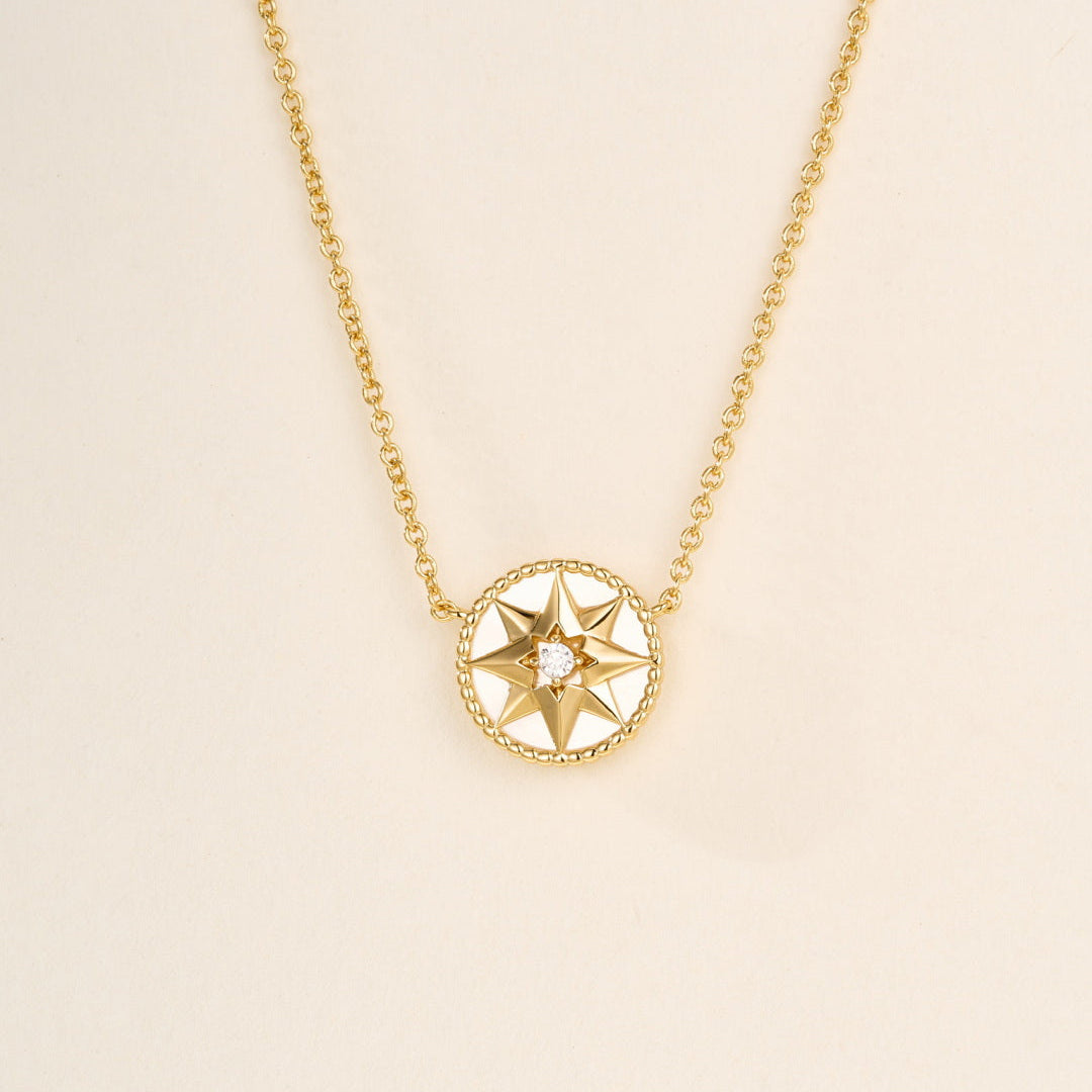 Eight-Pointed Star Compass Necklace with Center Gemstone – Multi-Color Options