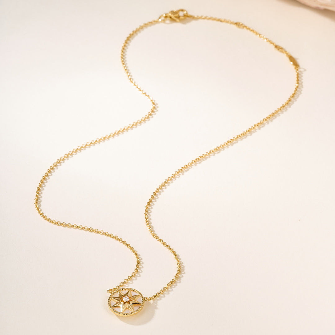 Eight-Pointed Star Compass Necklace with Center Gemstone – Multi-Color Options