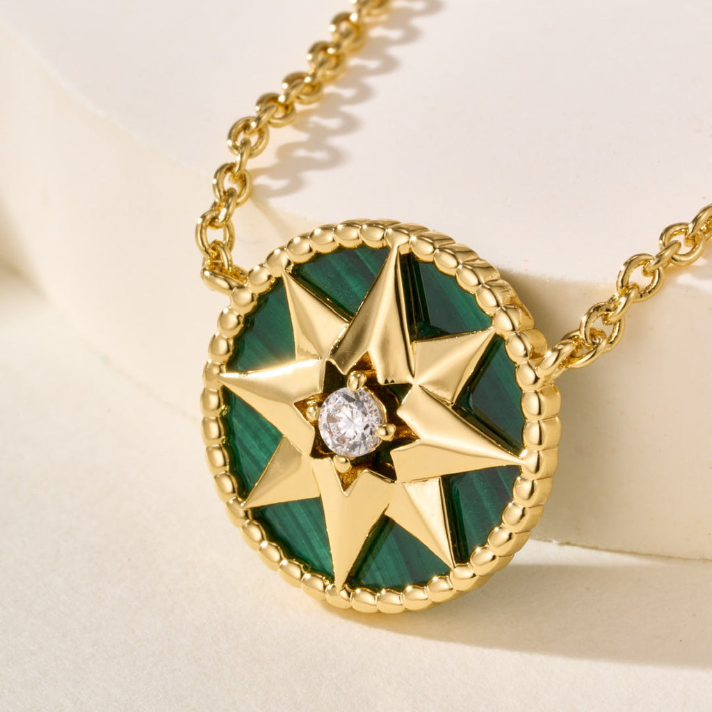 Eight-Pointed Star Compass Necklace with Center Gemstone – Multi-Color Options