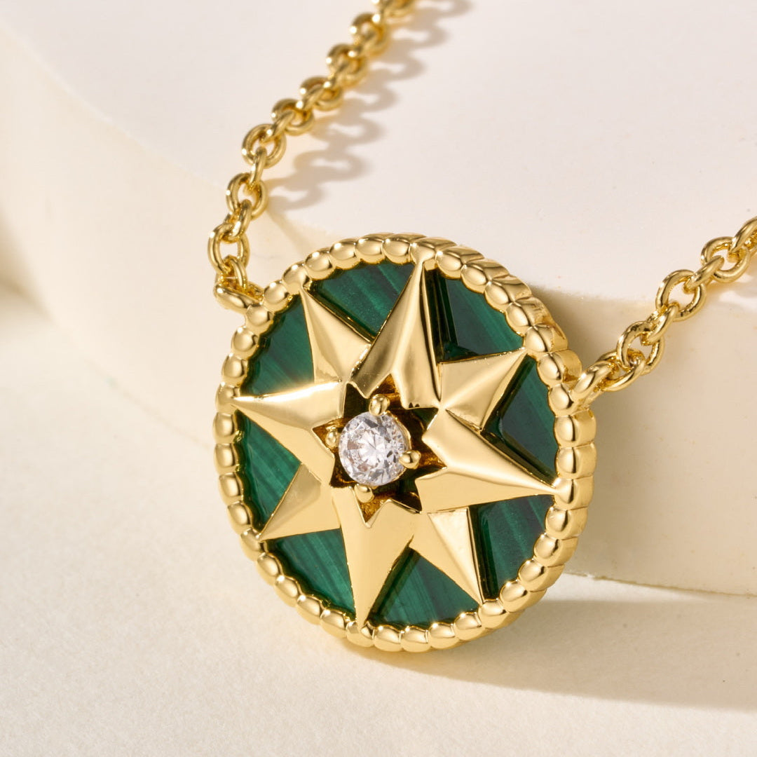 Eight-Pointed Star Compass Necklace with Center Gemstone – Multi-Color Options