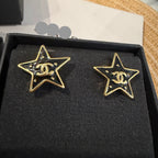 Black Enamel Star Stud Earrings–Interlocking C Detail,