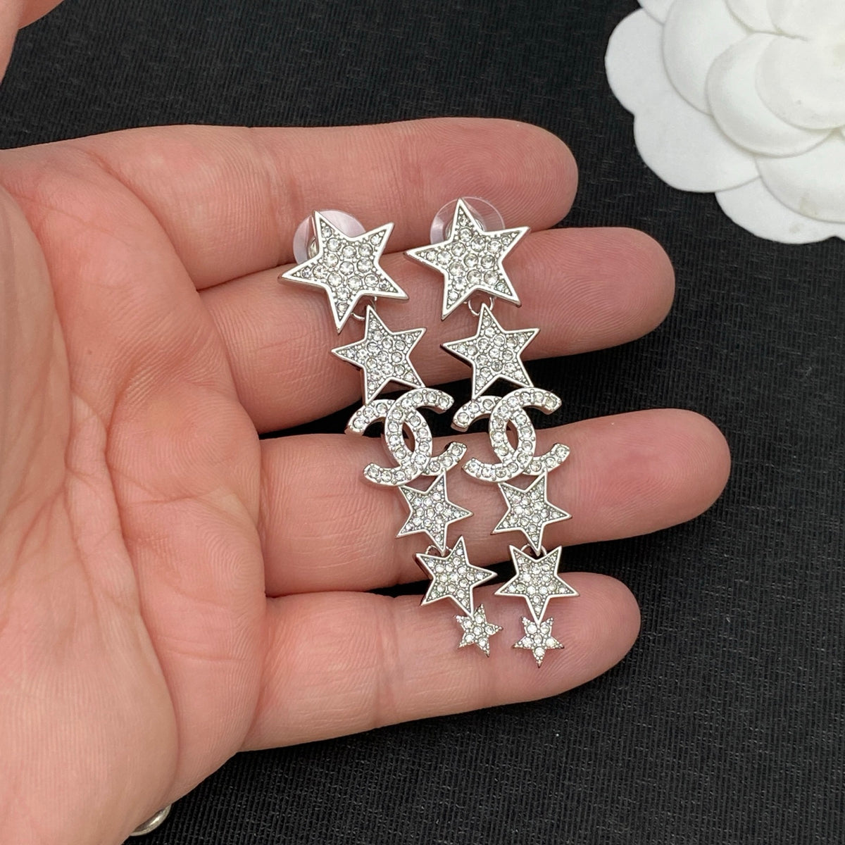 Crystal Pavé Star Linear Drop Earrings–Interlocking C Cascade