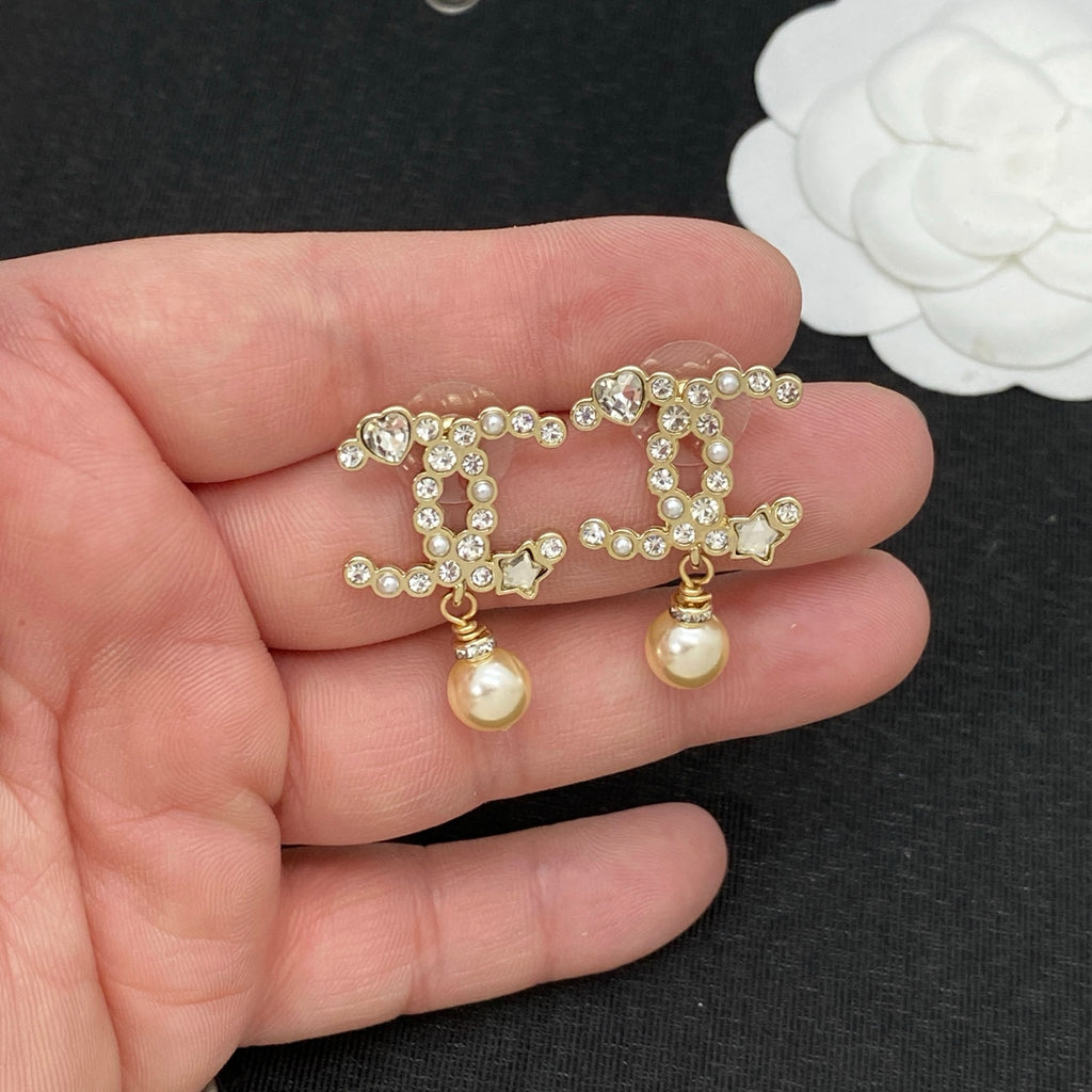 Interlocking C Drop Earrings–Crystal and Lustrous Bead Frame
