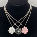 Enamel Camellia Flower Pendant Necklace – Lustrous Bead Center