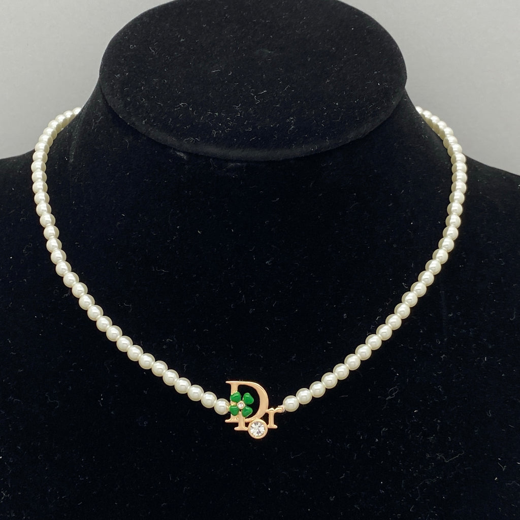 Lustrous Bead Choker Necklace – D Letter Charm, Green Clover