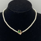 Lustrous Bead Choker Necklace – D Letter Charm, Green Clover