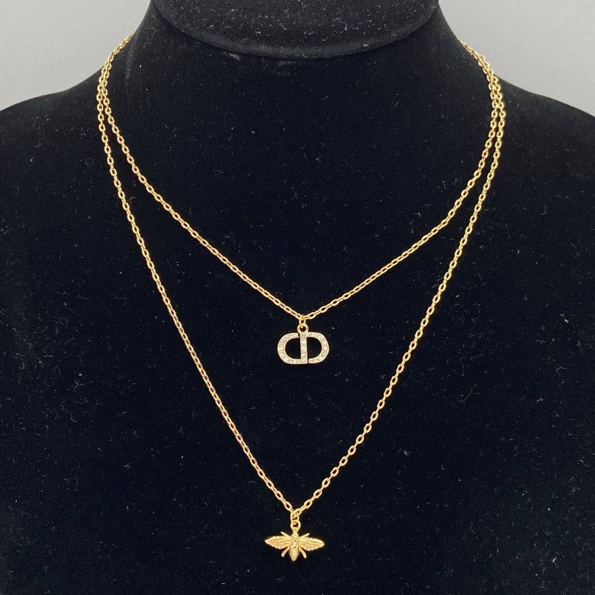 Layered Pendant Necklace – Pavé Monogram and Bee Charm