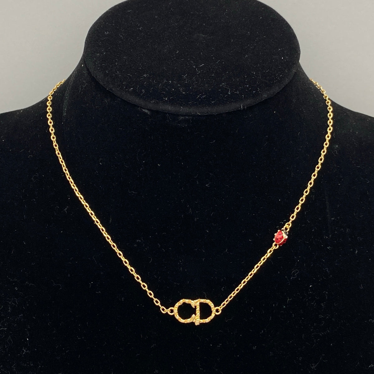 Textured Interlocking CD-Style Monogram Necklace – Red Crystal Accent
