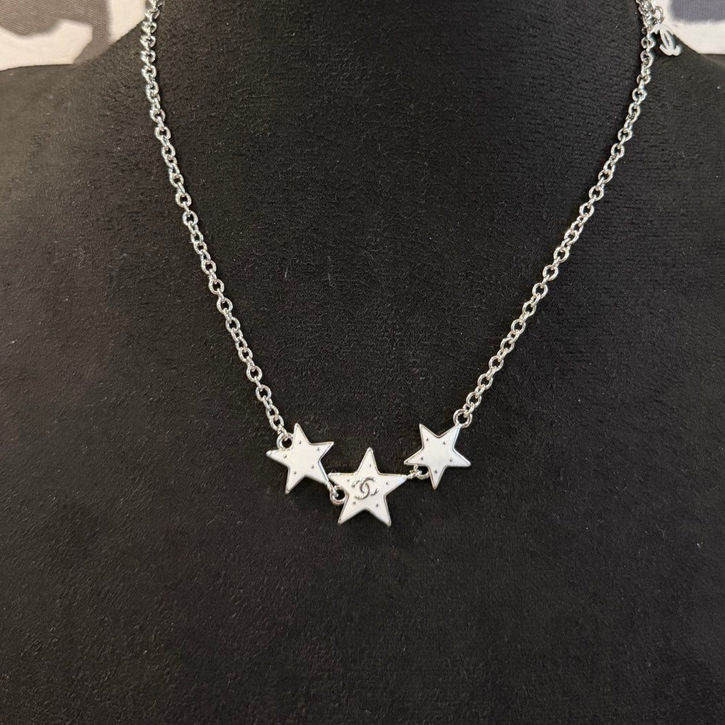 White Enamel Star Necklace – Triple Stars with Interlocking C