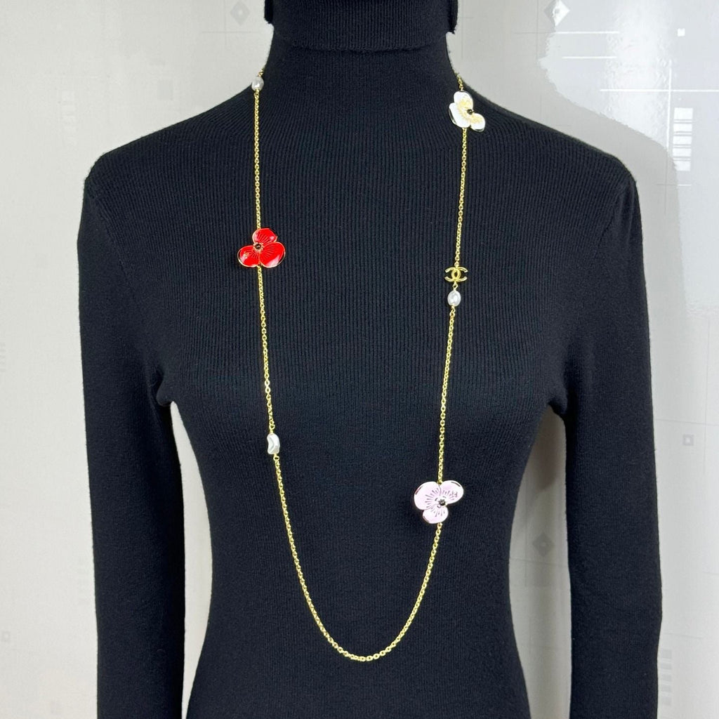 Long Enamel Flower Necklace – Multicolor Bloom Charms