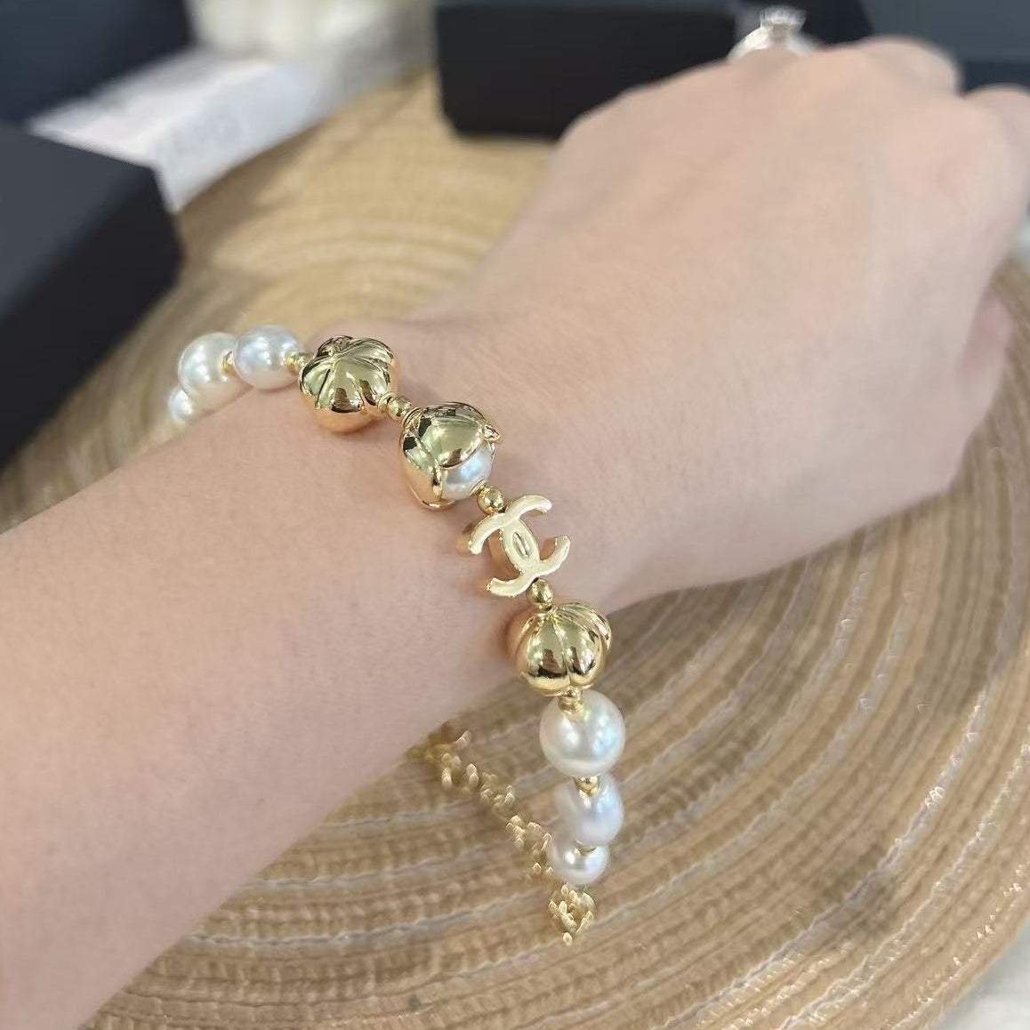 Lustrous Bead and Textured Ball Bracelet – Interlocking C