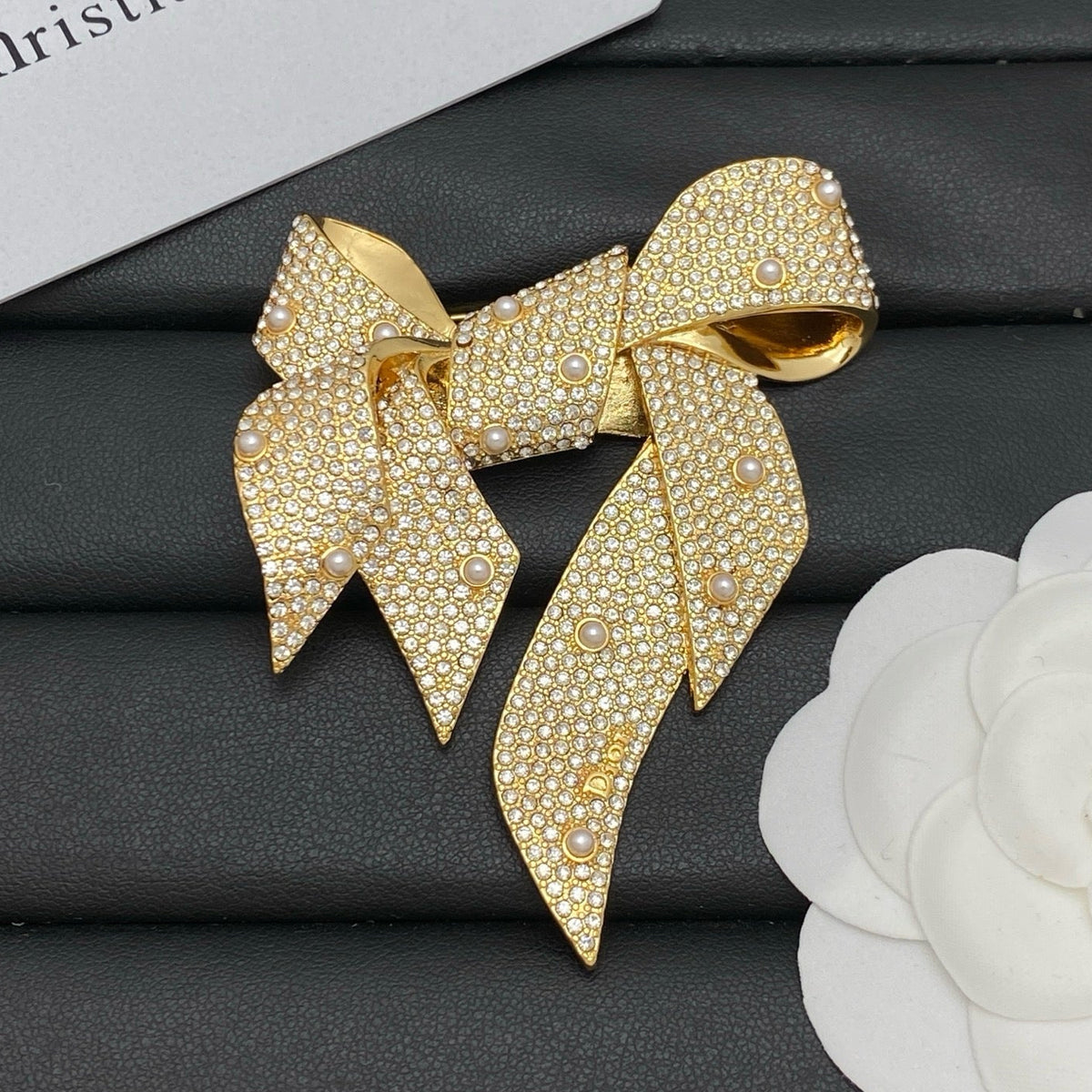 Crystal Pavé Bow Brooch – Lustrous Bead Accents
