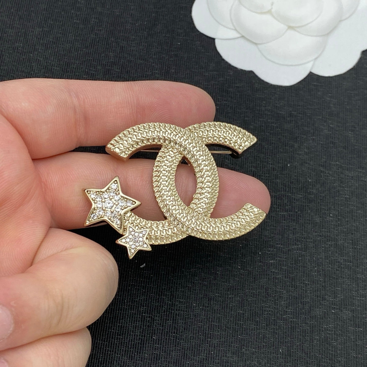Textured Double-C Motif Brooch – Pavé Star Charms