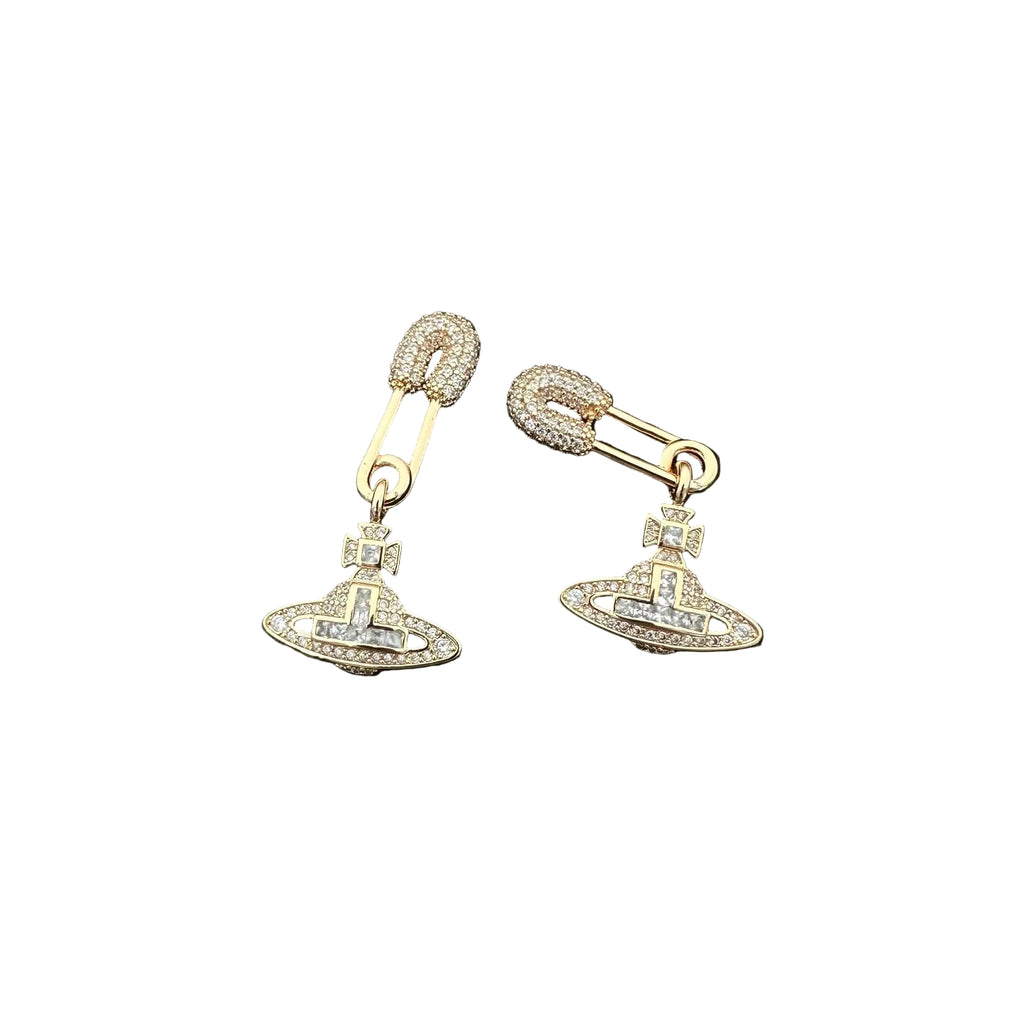 Safety Pin Stud Earrings Sparkling Gemstones Fashion Women Ear Jewelry