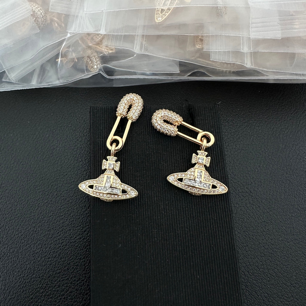 Safety Pin Stud Earrings Sparkling Gemstones Fashion Women Ear Jewelry