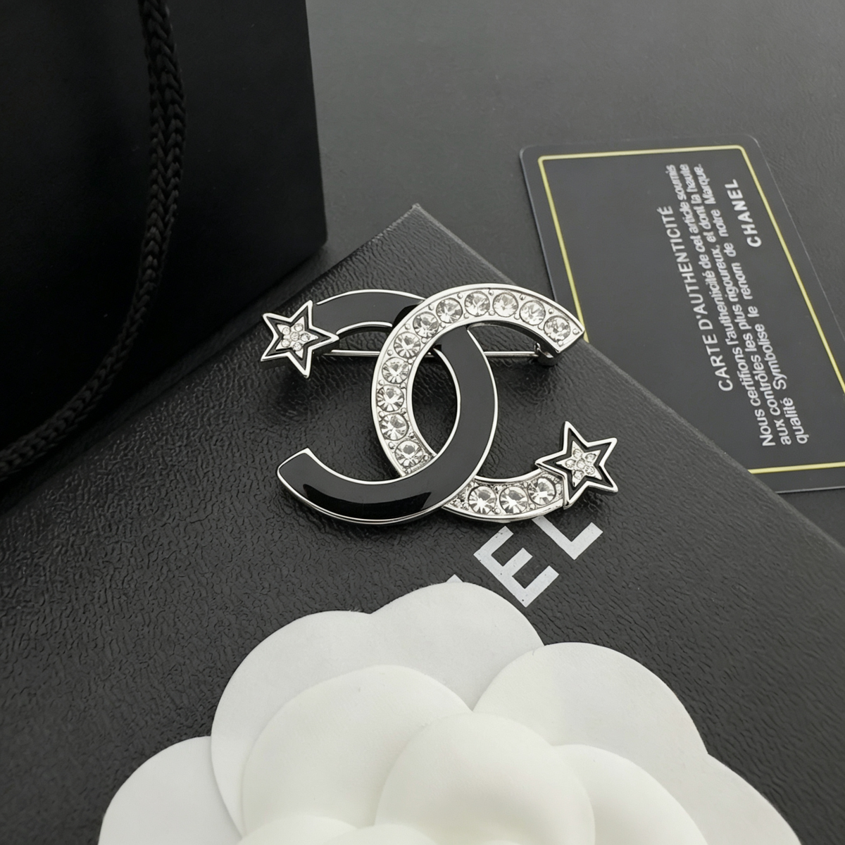 Interlocking C Star Brooch – Black Enamel, Crystal Pavé