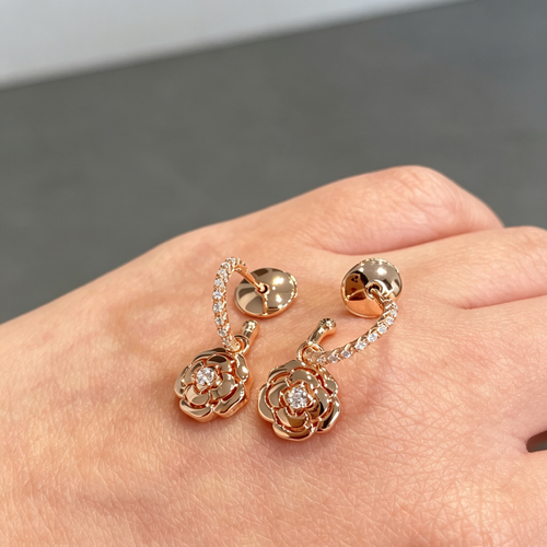 Camellia Flower with Gemstone Stud Earrings–Elegant Floral Design