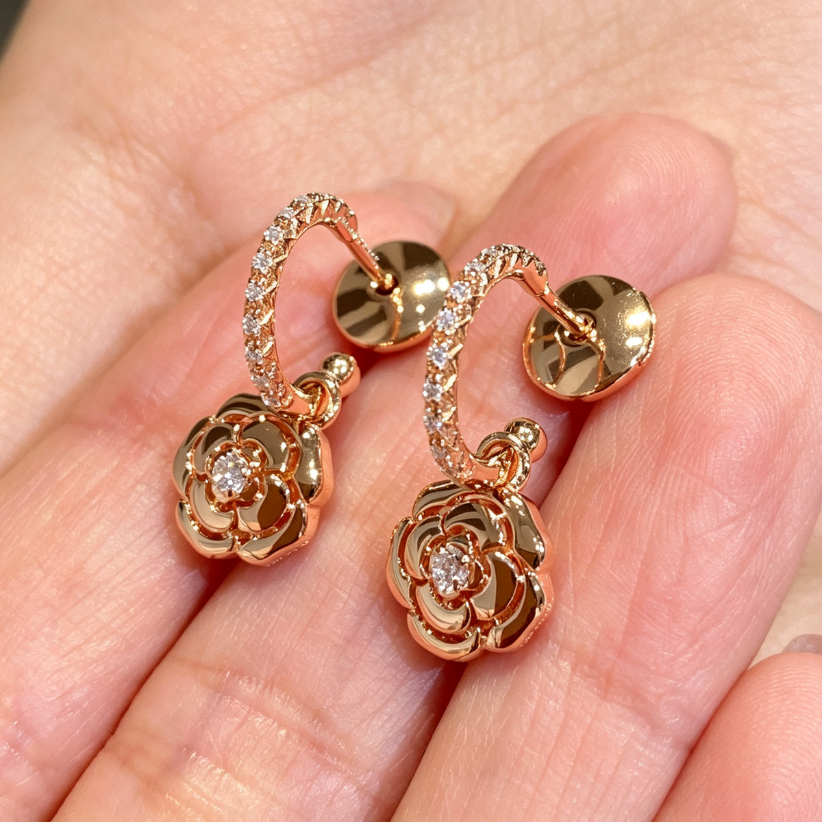 Camellia Flower with Gemstone Stud Earrings–Elegant Floral Design