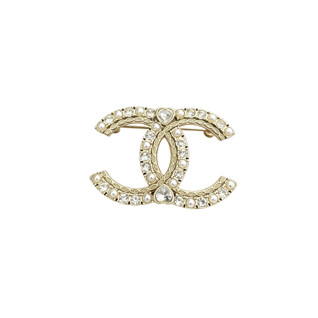 Interlocking C Brooch with Beads, Crystals & Heart Stones