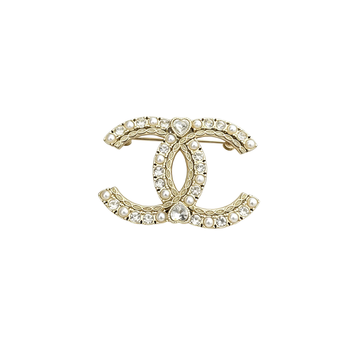 Interlocking C Brooch with Beads, Crystals & Heart Stones