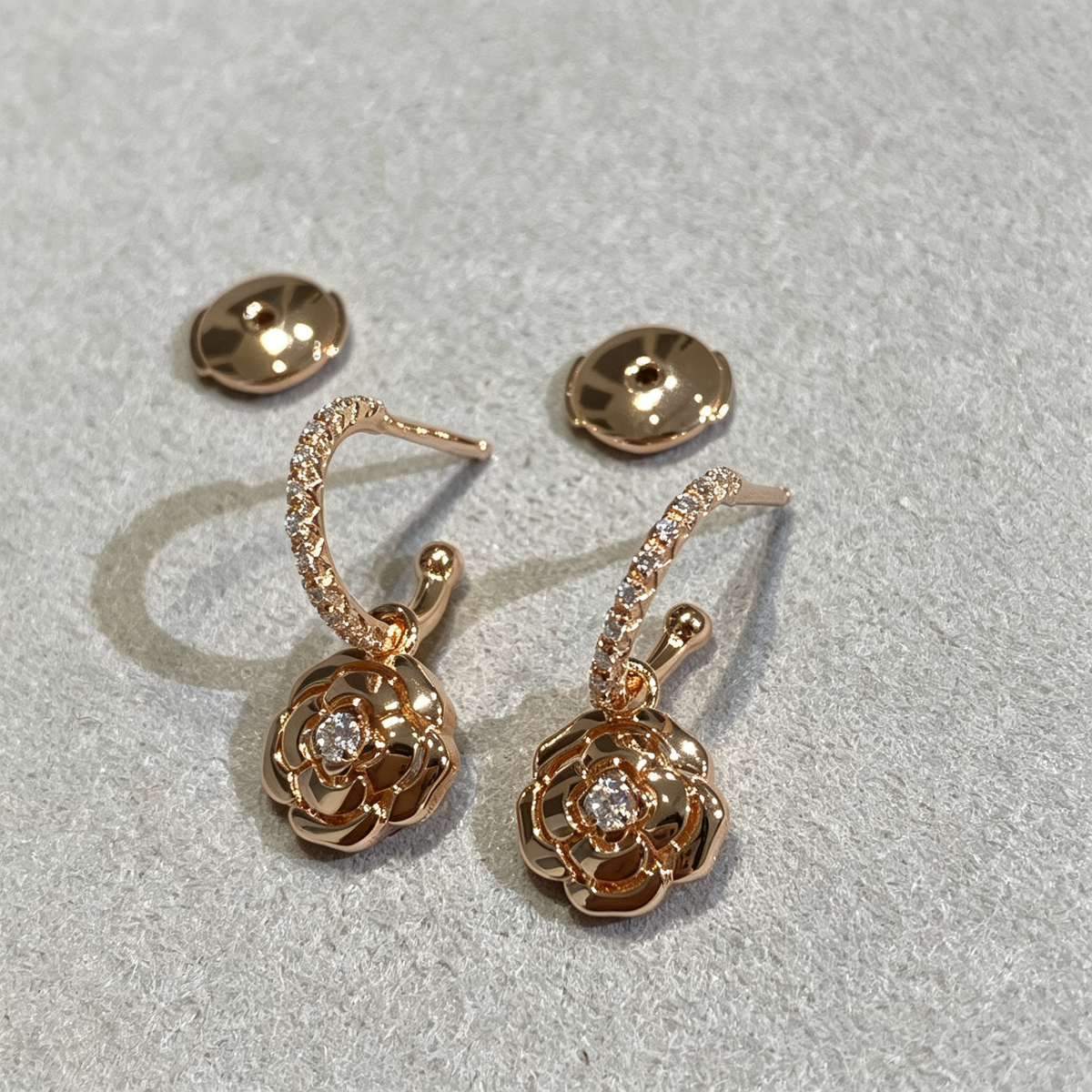 Camellia Flower with Gemstone Stud Earrings–Elegant Floral Design
