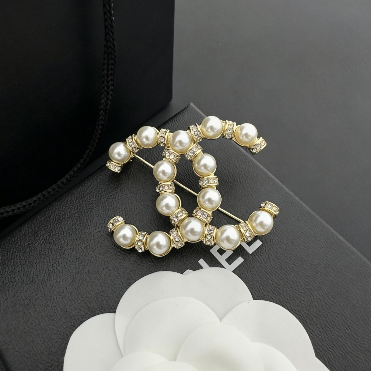 Interlocking C Brooch with Lustrous Beads & Crystal Spacers