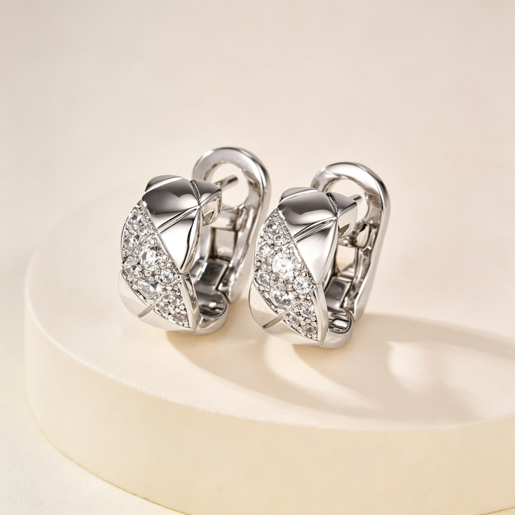 Quilted Lattice Huggie Earrings–Full Gemstone Pavé
