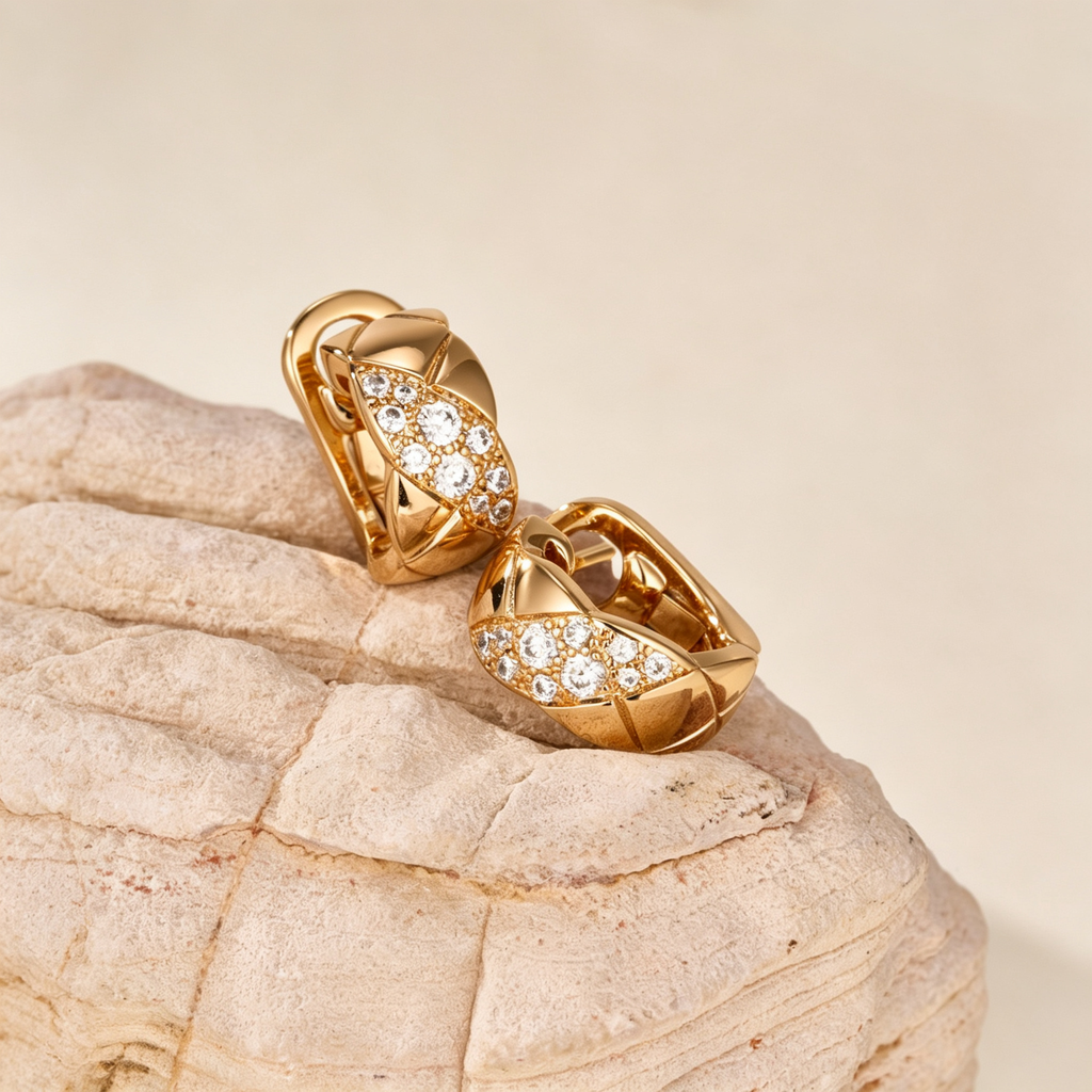 Quilted Lattice Huggie Earrings–Full Gemstone Pavé