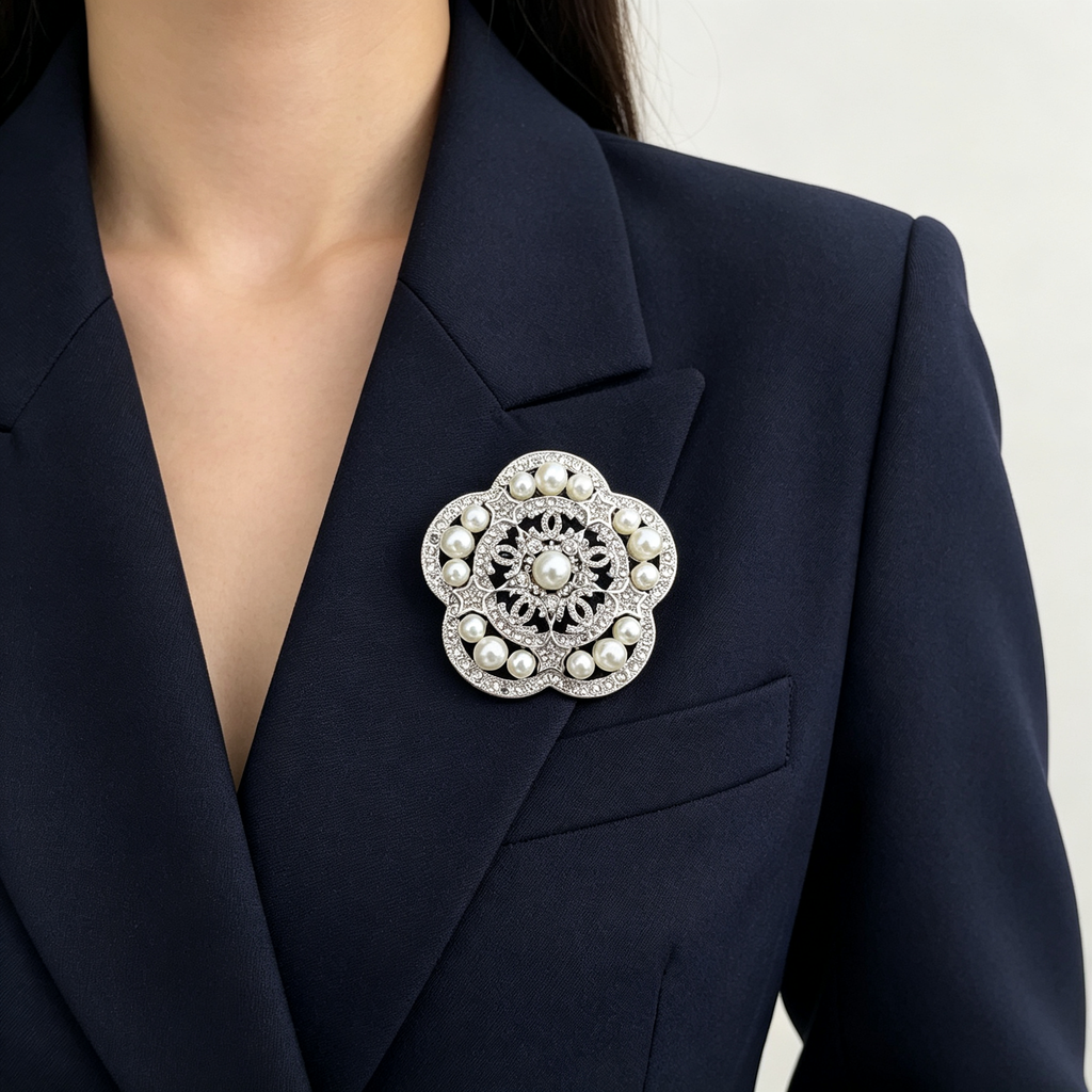 Silver-Tone Flower Brooch with Lustrous Beads & Crystal Pavé