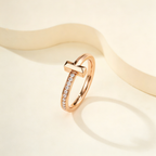 Slim Half Pavé Gemstones T Letter Ring, Unisex Couple Ring for Daily Wear & Gifting