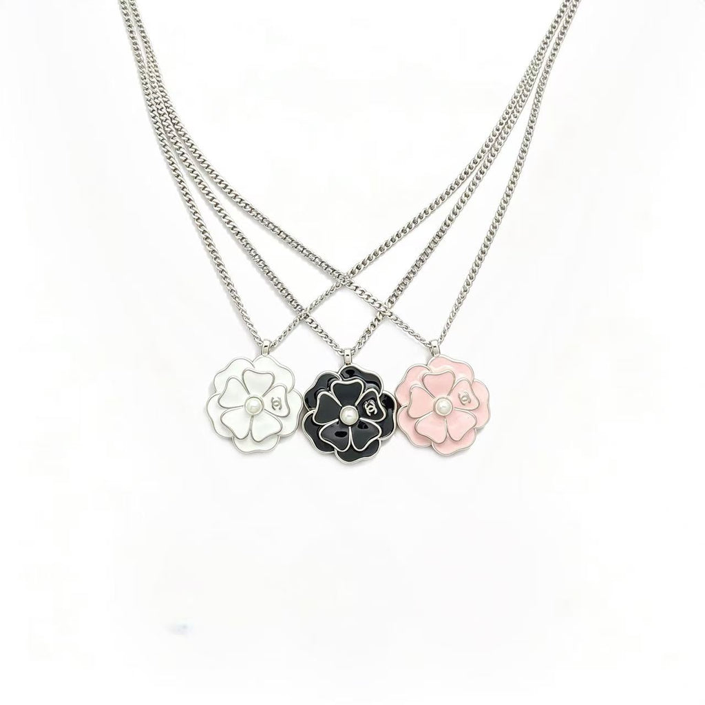Enamel Camellia Flower Pendant Necklace – Lustrous Bead Center