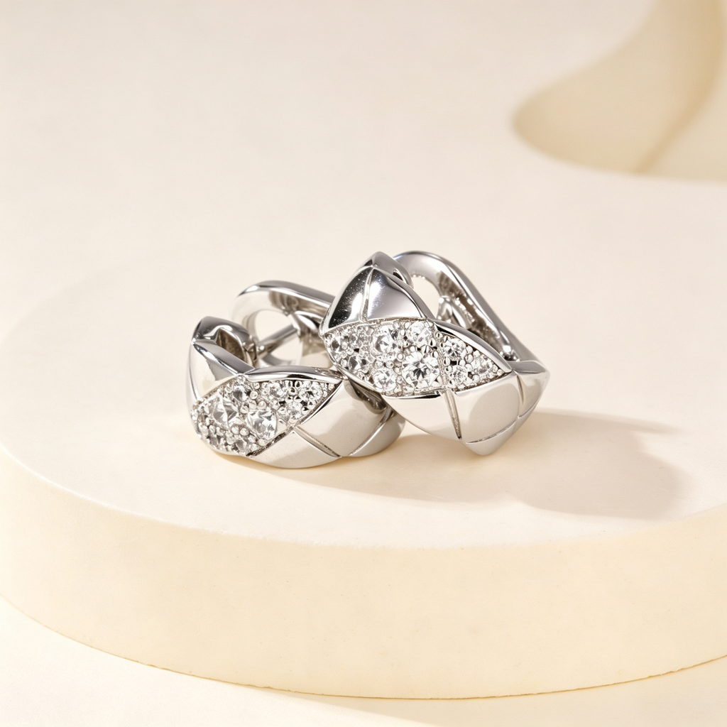 Quilted Lattice Huggie Earrings–Full Gemstone Pavé