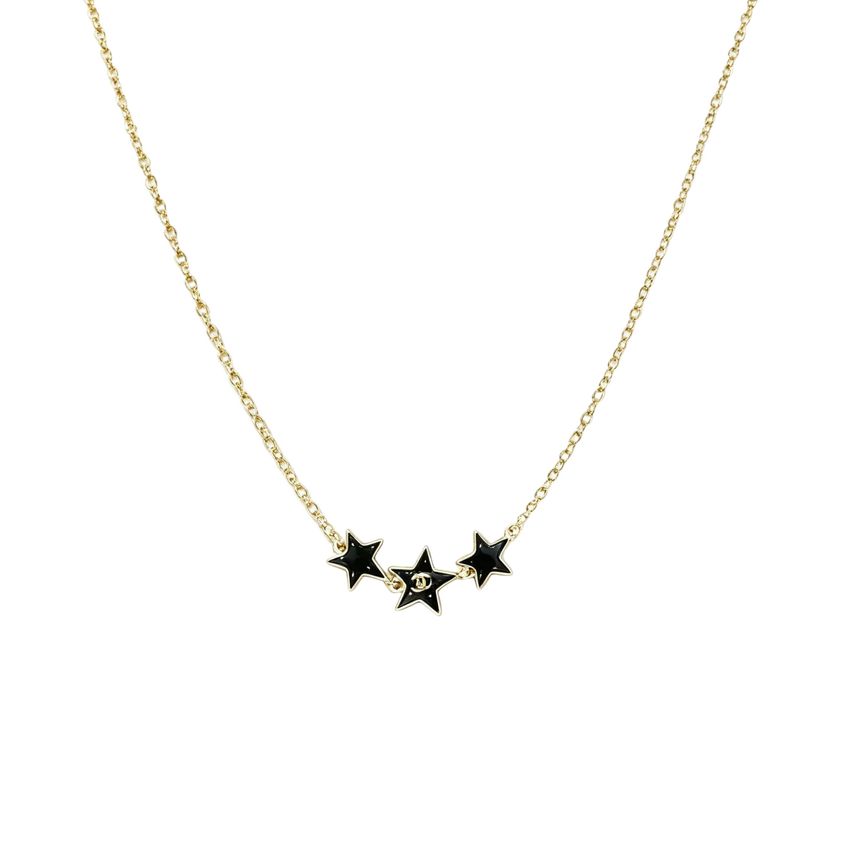 Black Enamel Star Necklace – Triple Stars with Interlocking C
