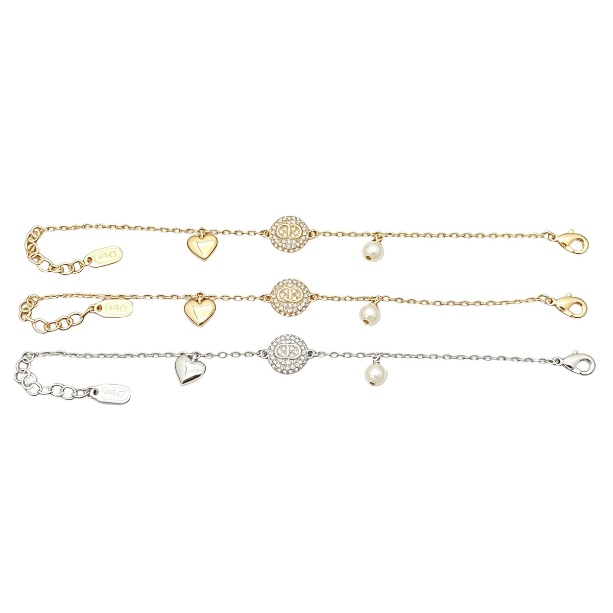 Crystal Pavé Disc Bracelet – Heart Charm and Lustrous Bead