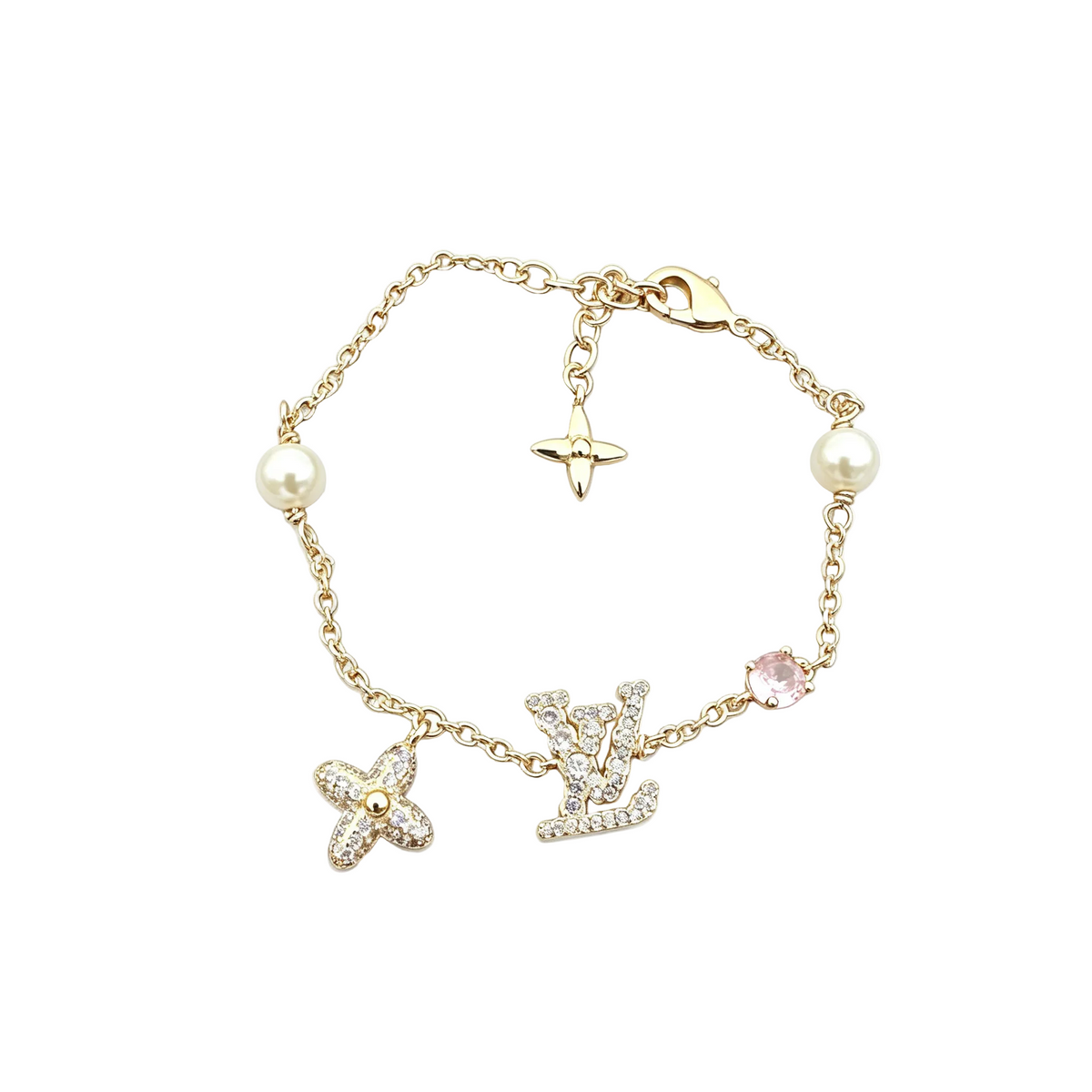 Crystal Pavé Charm Bracelet – Monogram, Flower and Lustrous Beads