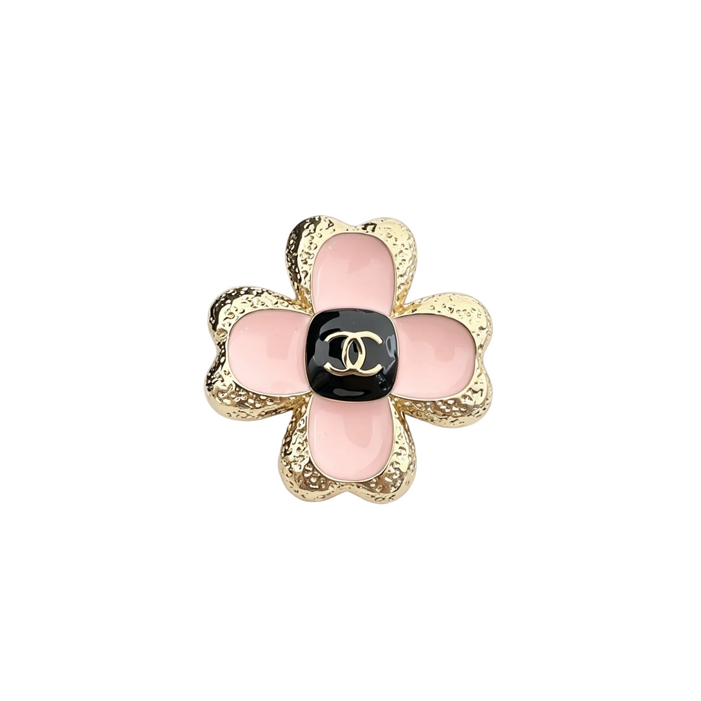 Pink Enamel Four-Petal Flower Brooch – Textured Metal with Interlocking C