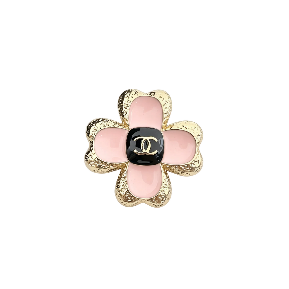 Pink Enamel Four-Petal Flower Brooch – Textured Metal with Interlocking C