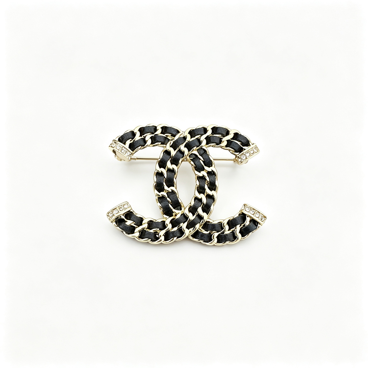 Leather-Woven Chain Interlocking C Brooch – Pavé End Caps