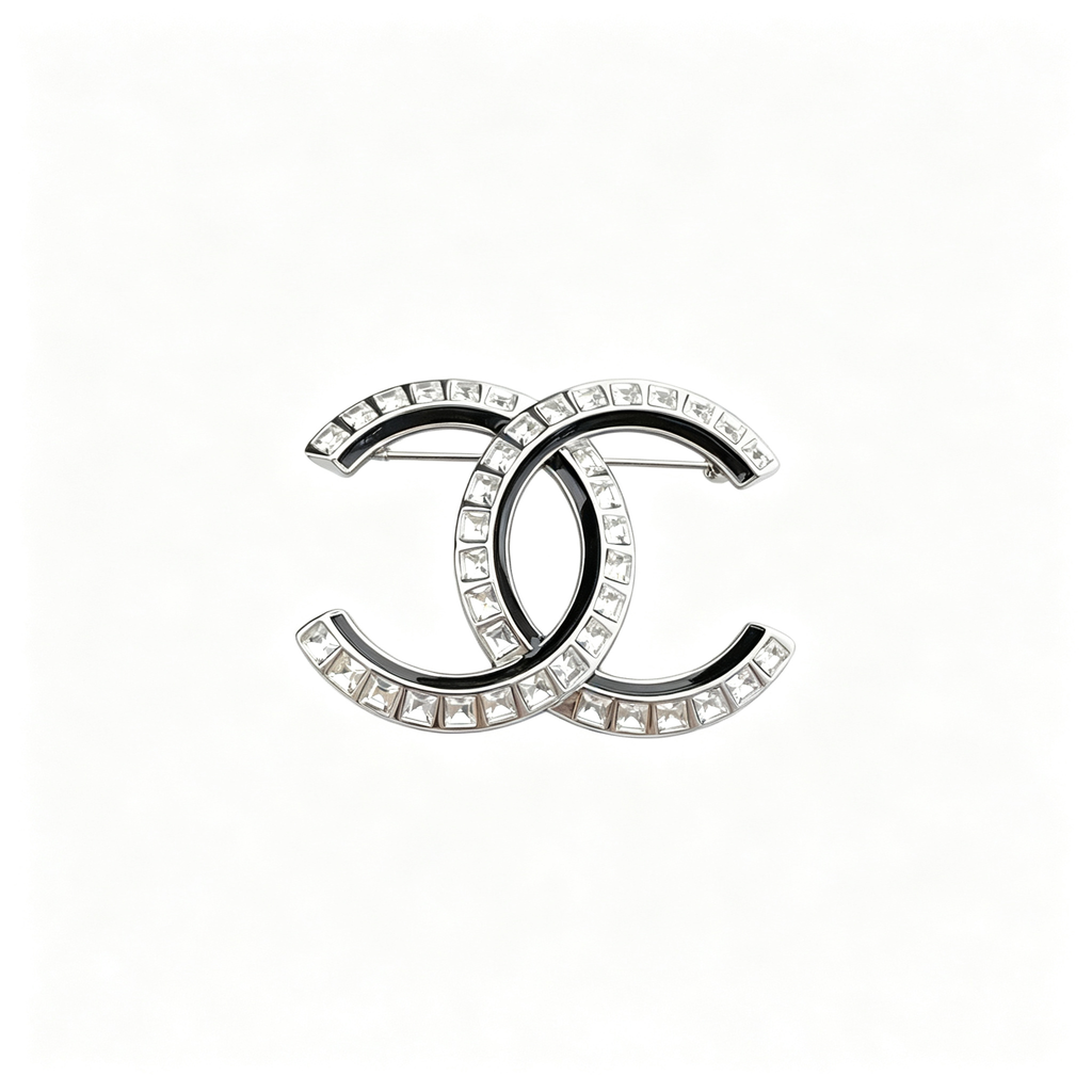 Baguette Crystal Interlocking C Brooch – Black Enamel Inlay