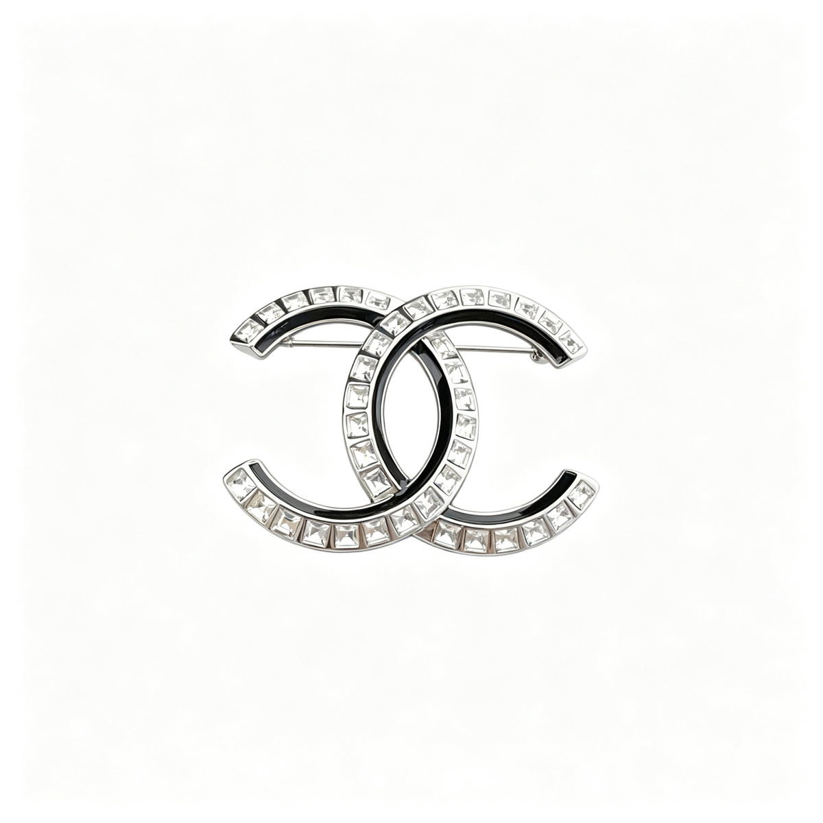 Baguette Crystal Interlocking C Brooch – Black Enamel Inlay