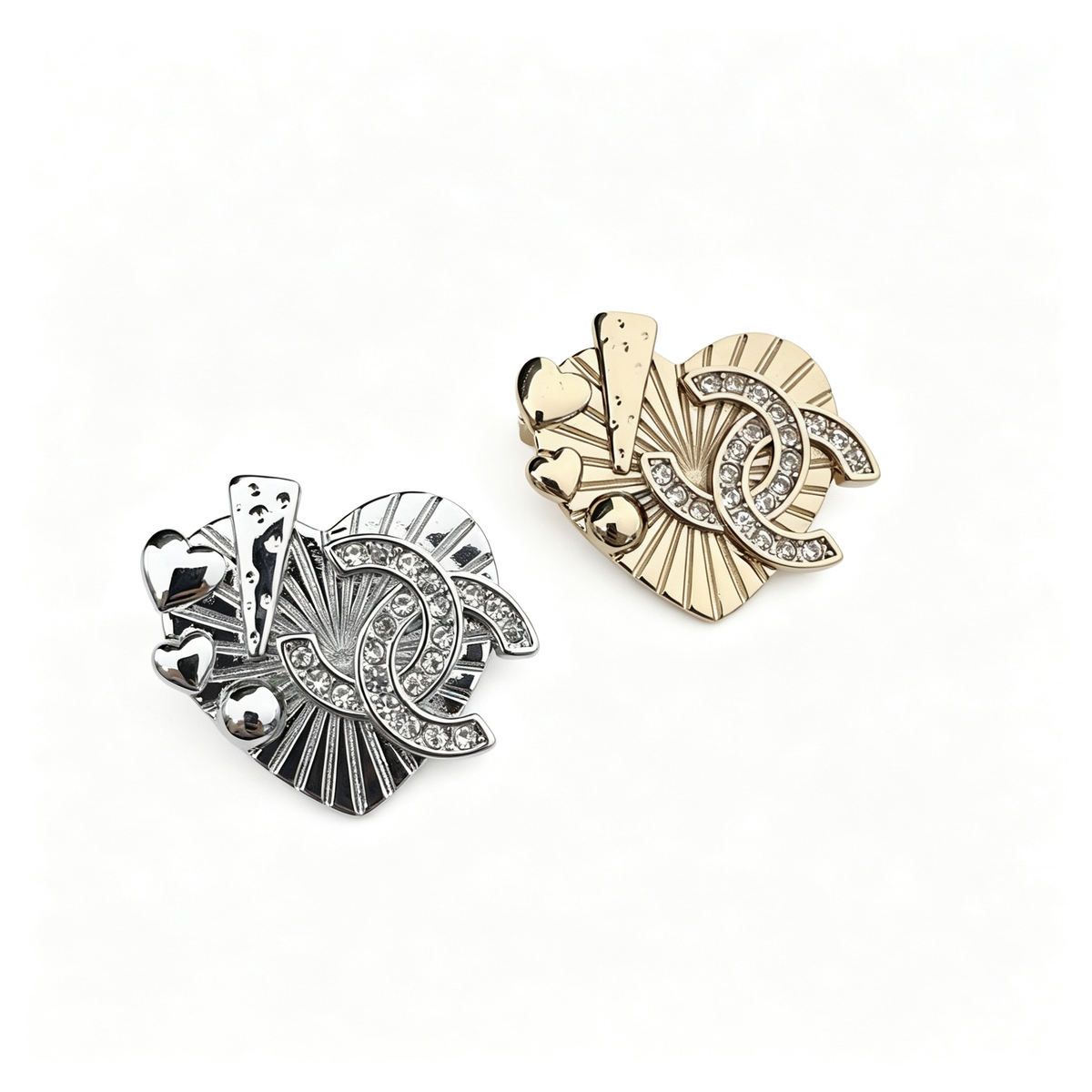 Sunburst Heart Interlocking C Brooch – Pavé Crystal and Charms