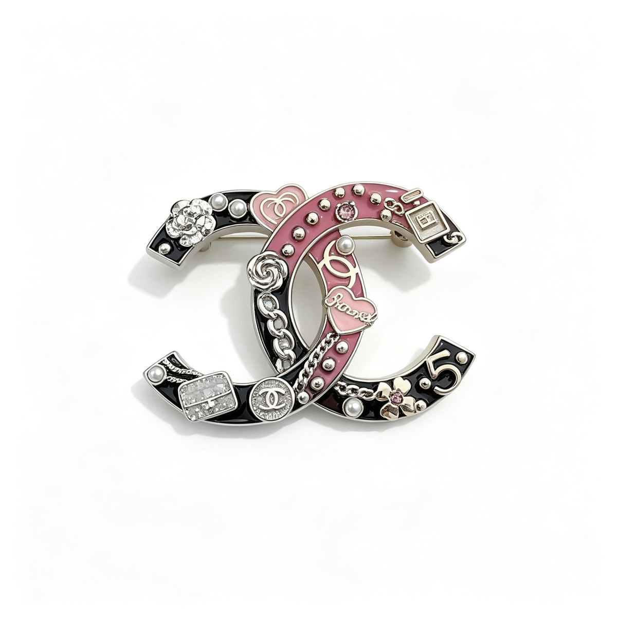 Charm Collage Interlocking C Brooch – Enamel and Mini Motifs