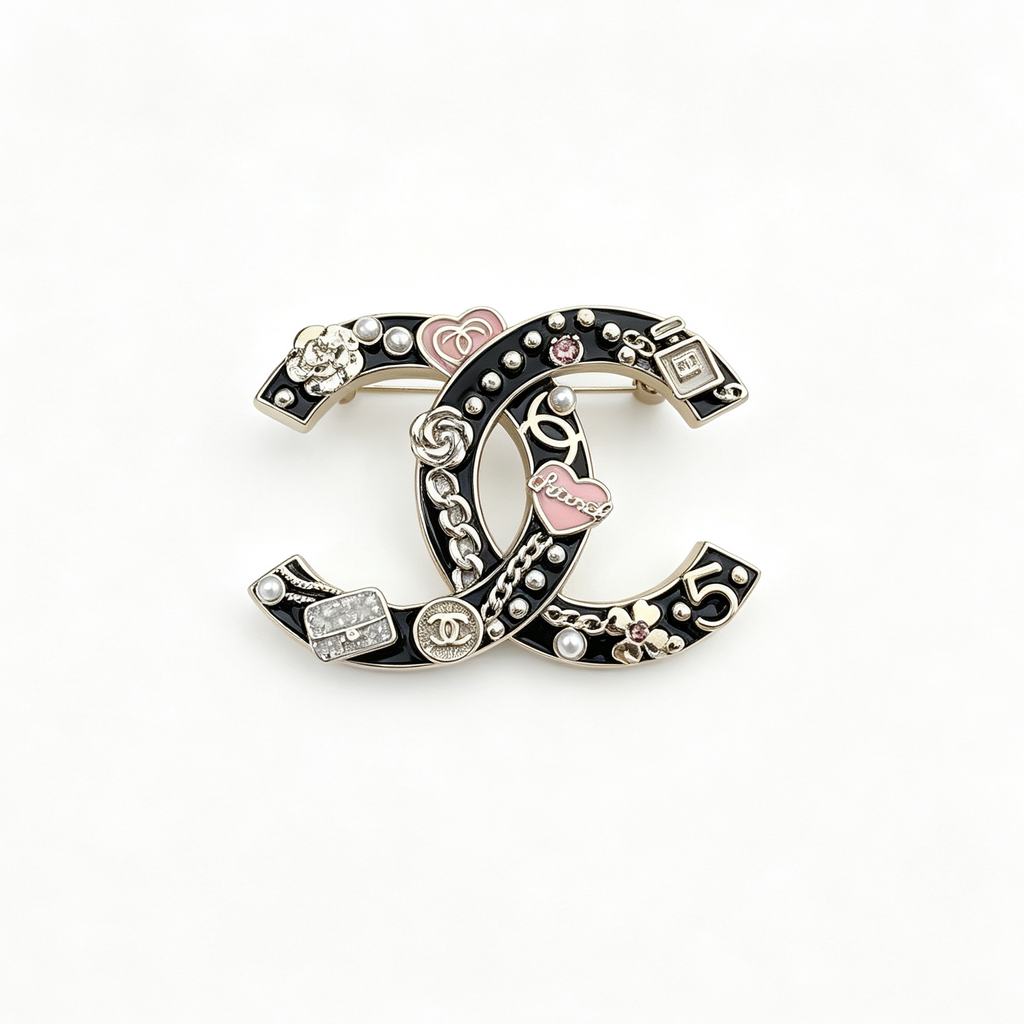 Charm Collage Interlocking C Brooch – Enamel and Mini Motifs