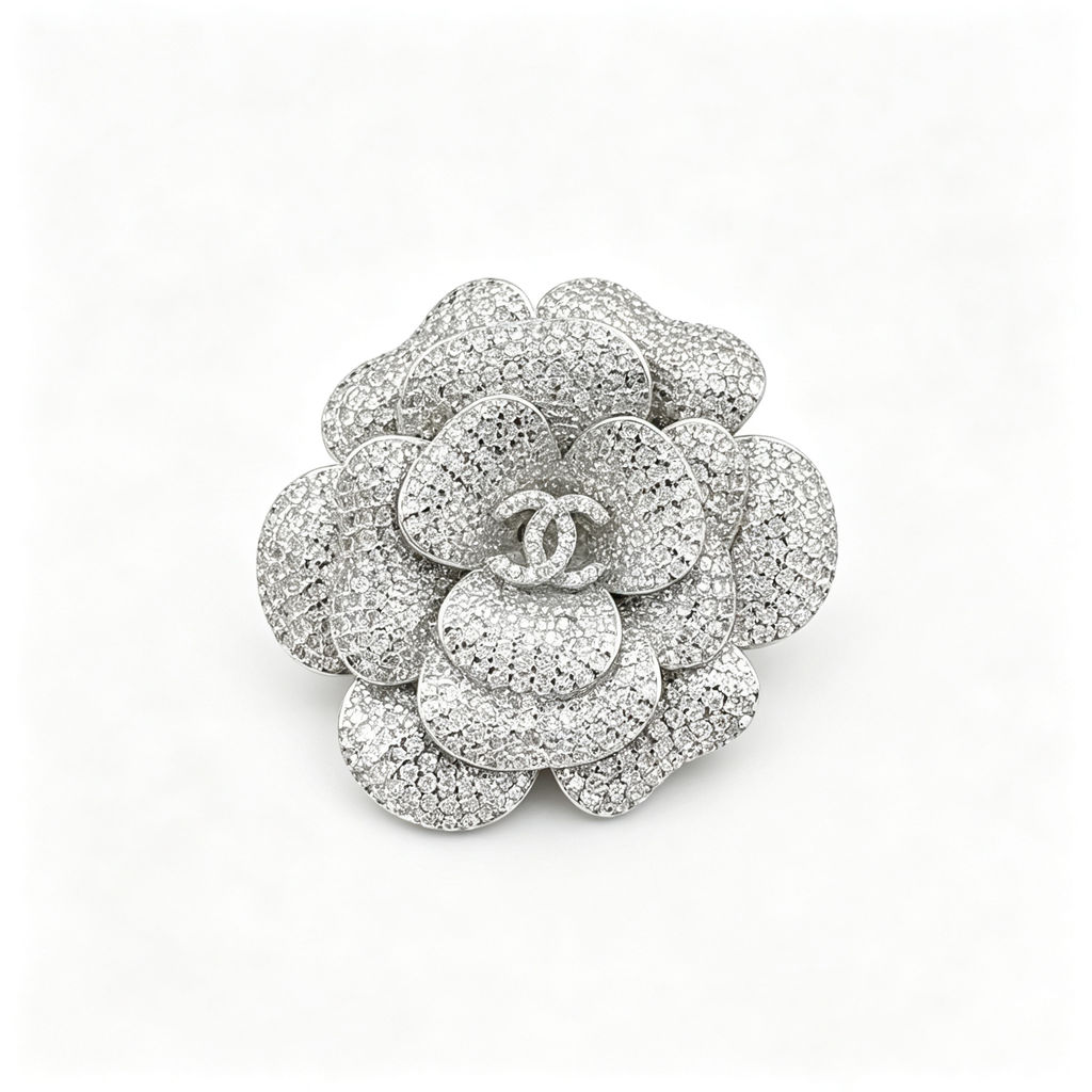 Pavé 3D Camellia Flower Brooch – Interlocking C Center