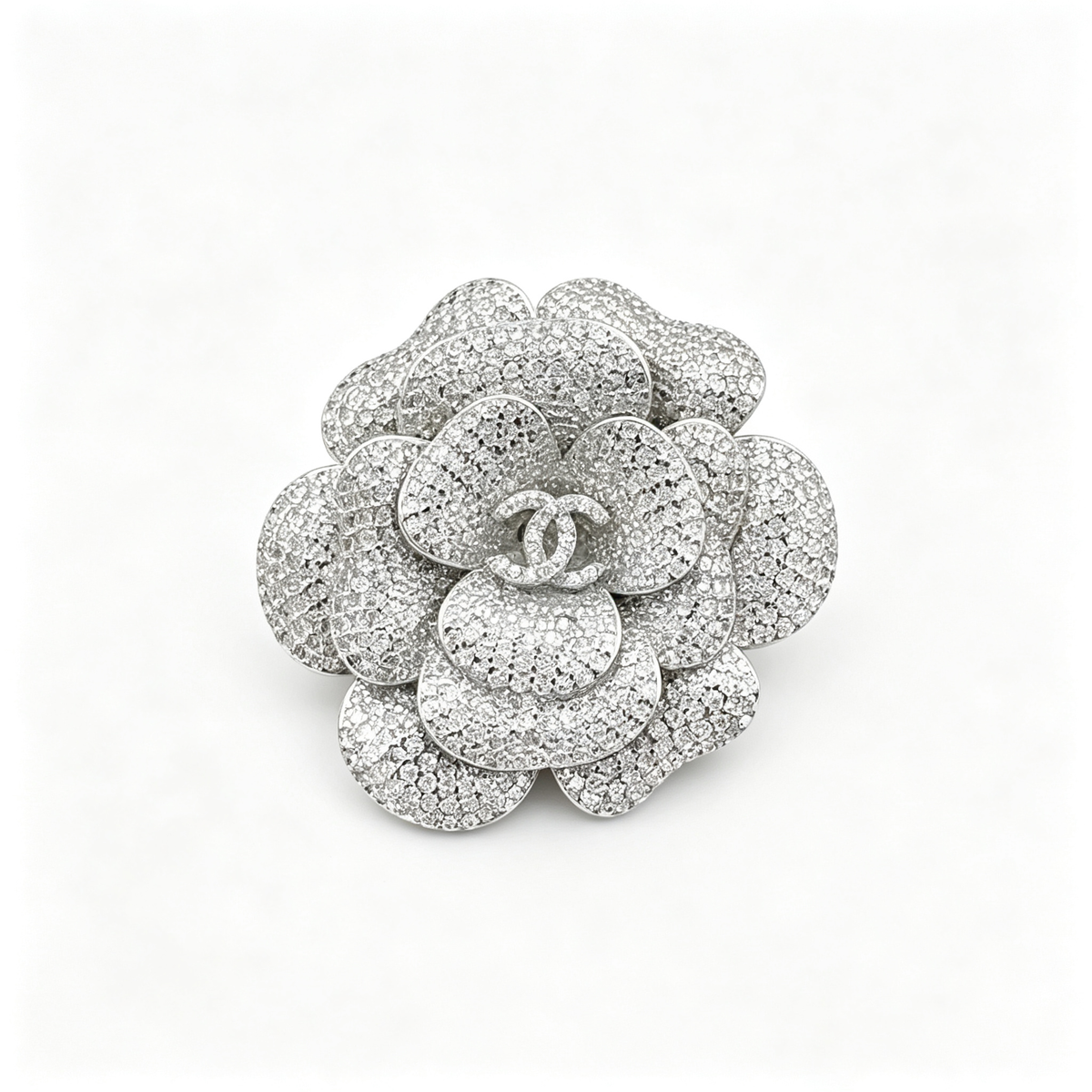 Pavé 3D Camellia Flower Brooch – Interlocking C Center
