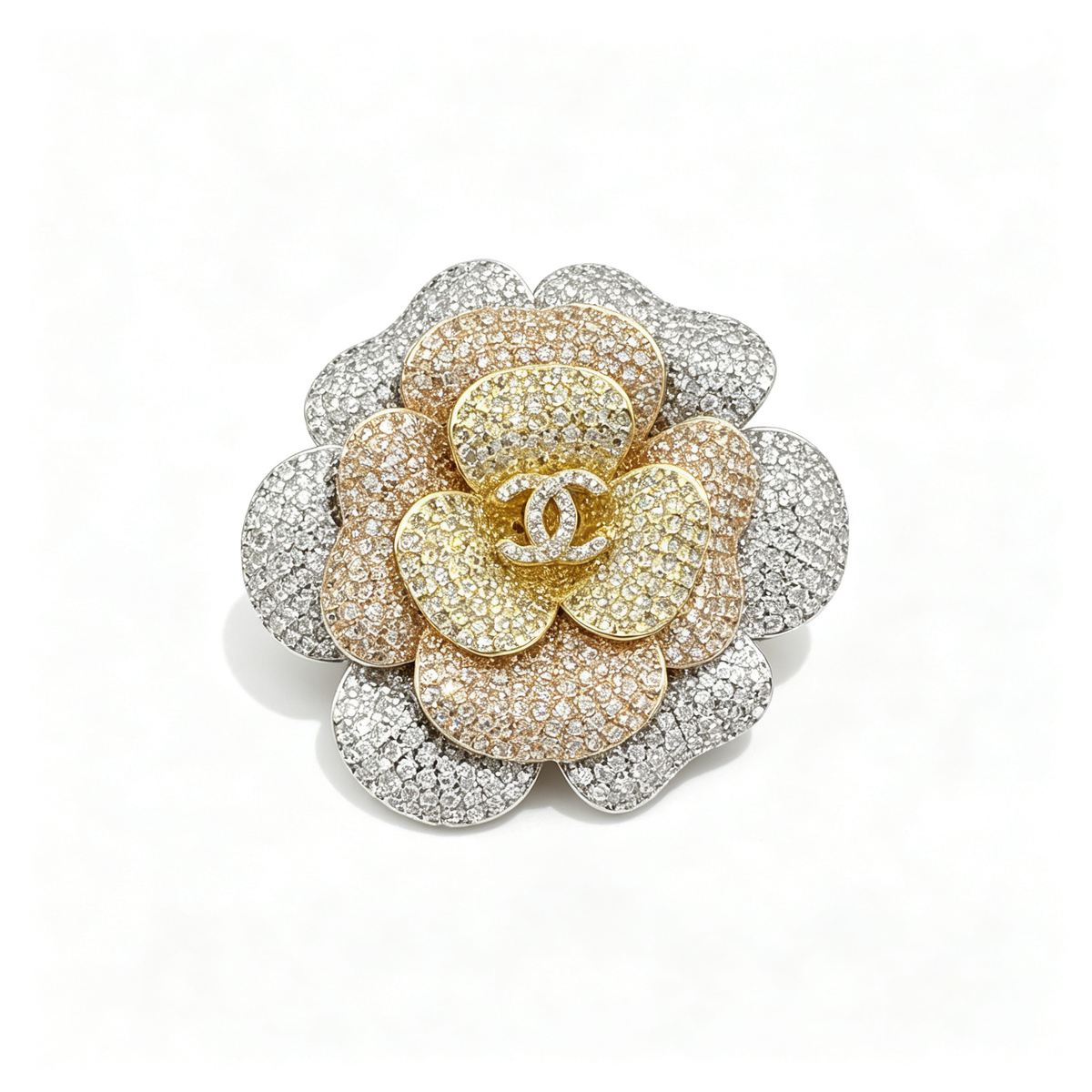 Pavé 3D Camellia Flower Brooch – Interlocking C Center