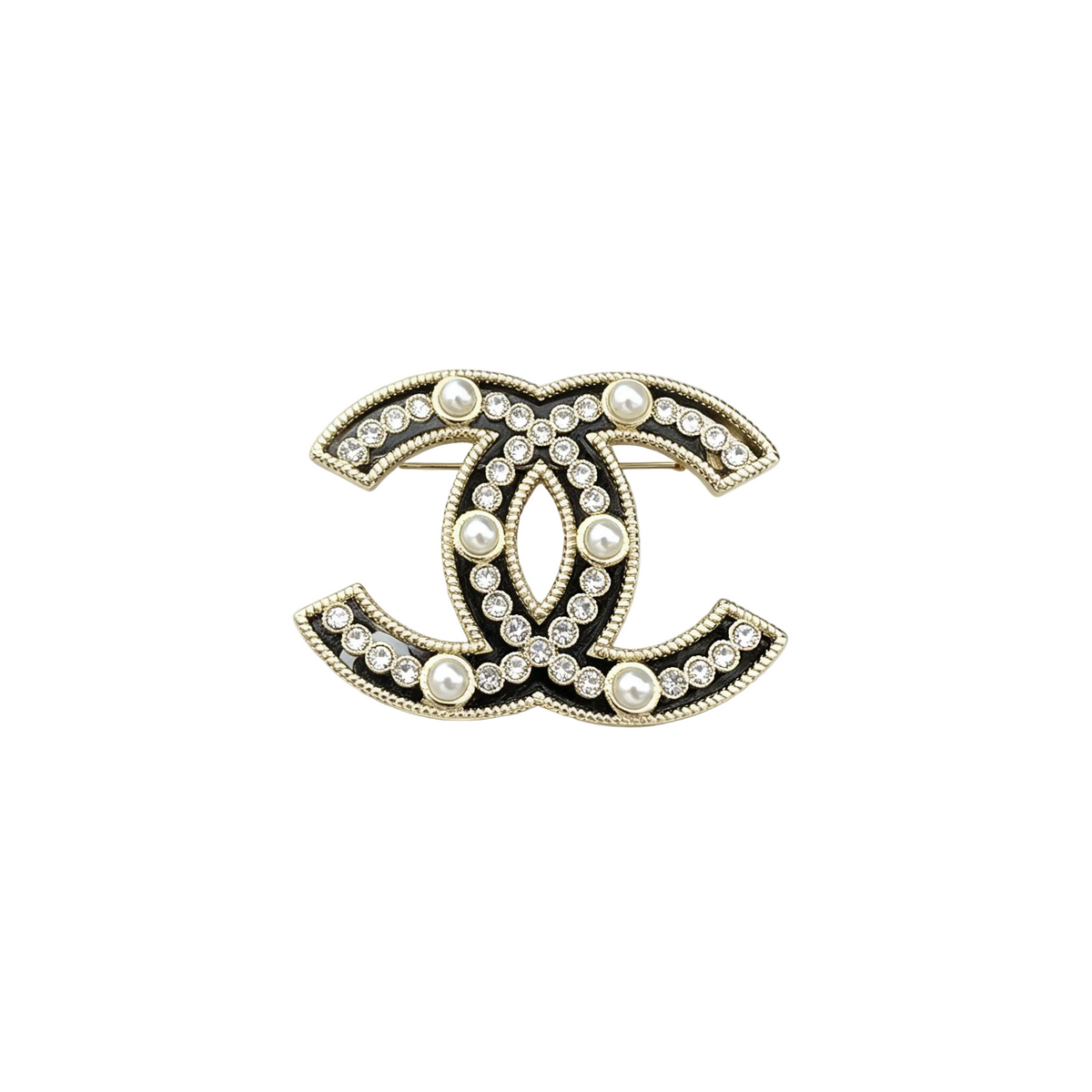 Crystal and Lustrous Bead Interlocking C Brooch – Openwork